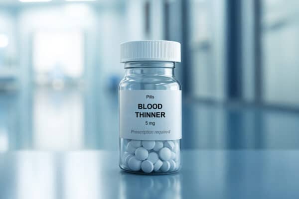 Blood thinner pills in a transparent container labeled with 5 mg dosage placed on a reflective surface in a hospital setting, anticoagulant medication for clot prevention, cardiovascular health