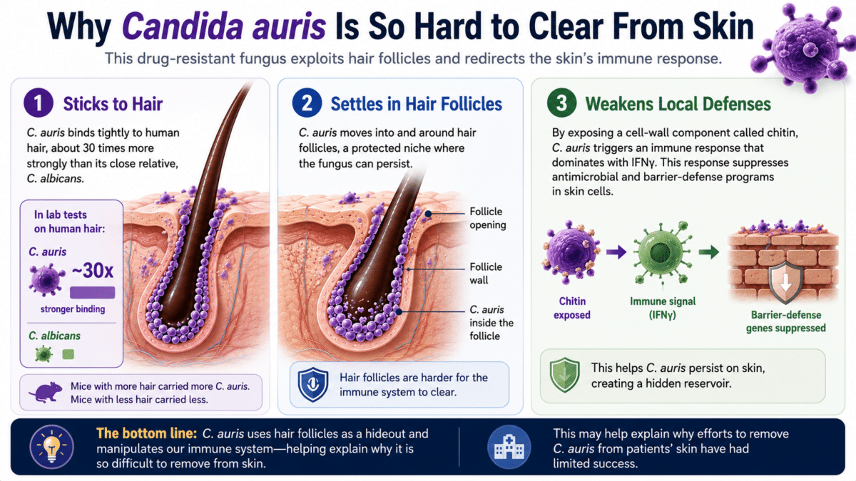 Infographic showing how Candida auris sticks to hair, settles in hair follicles, and weakens local skin defenses to persist on the skin.