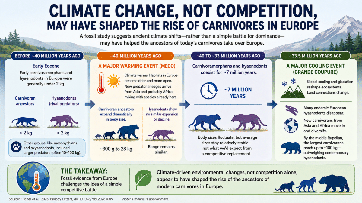 Infographic showing how climate shifts may have shaped the rise of carnivores in Europe over 40 million years.