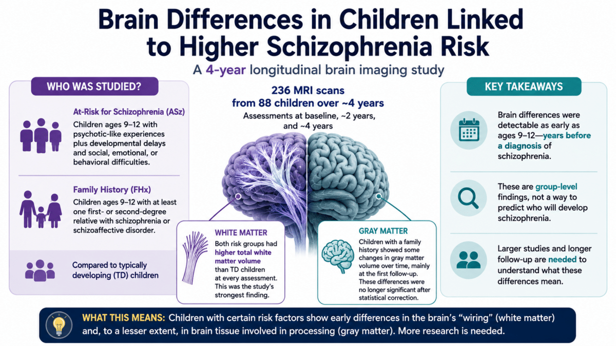 Infographic showing brain MRI differences in children with schizophrenia risk factors compared with typically developing children.