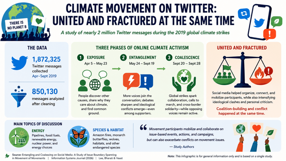 Infographic showing how Twitter both united and divided climate activists during the 2019 global climate strikes.