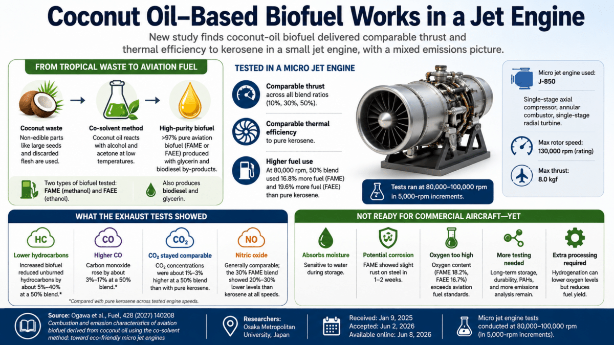 Coconut oil biofuel infographic showing micro jet engine performance, emissions, fuel use, and barriers to commercial aviation.
