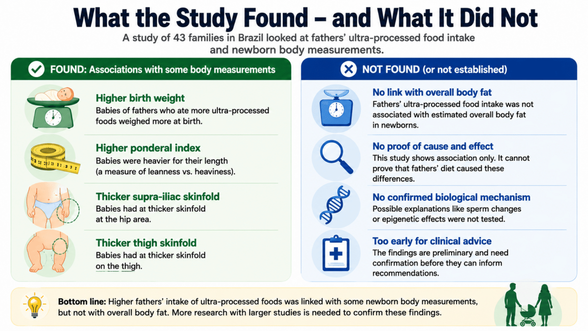 Infographic comparing what the study found and did not find about fathers’ ultra-processed food intake and newborn body measurements.