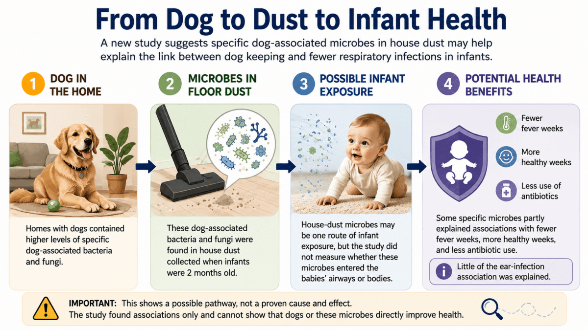 Infographic showing the proposed pathway linking dogs in the home to dog-associated microbes in house dust, possible infant exposure, and associations with fewer fevers, more healthy weeks, and lower antibiotic use. It notes these are associations, not proof of cause and effect.