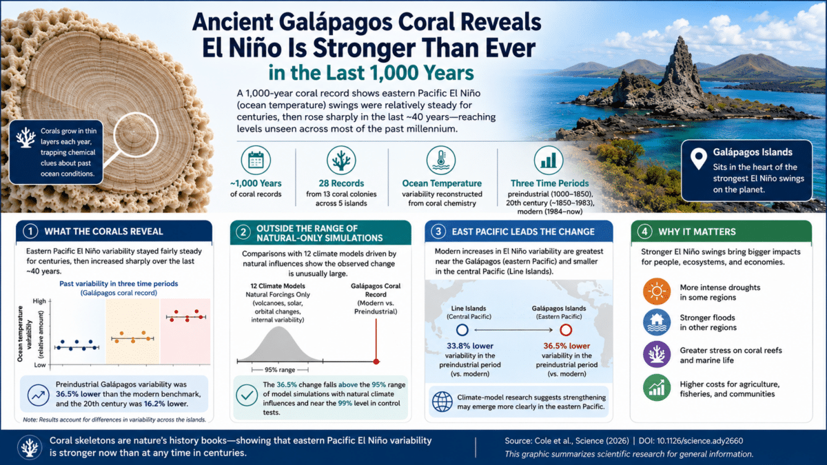 Galápagos coral infographic showing unusually strong modern eastern Pacific El Niño variability compared with the past millennium.