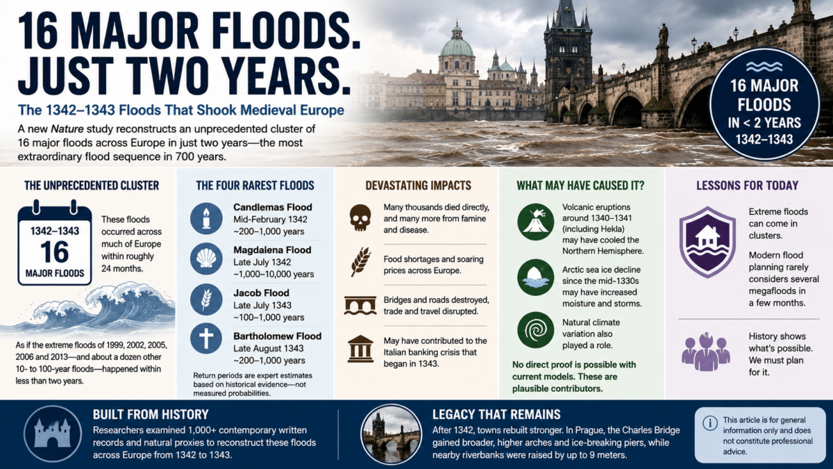 Infographic showing 16 major floods that struck medieval Europe in 1342–1343, their severity, impacts, possible causes, and lessons for today.