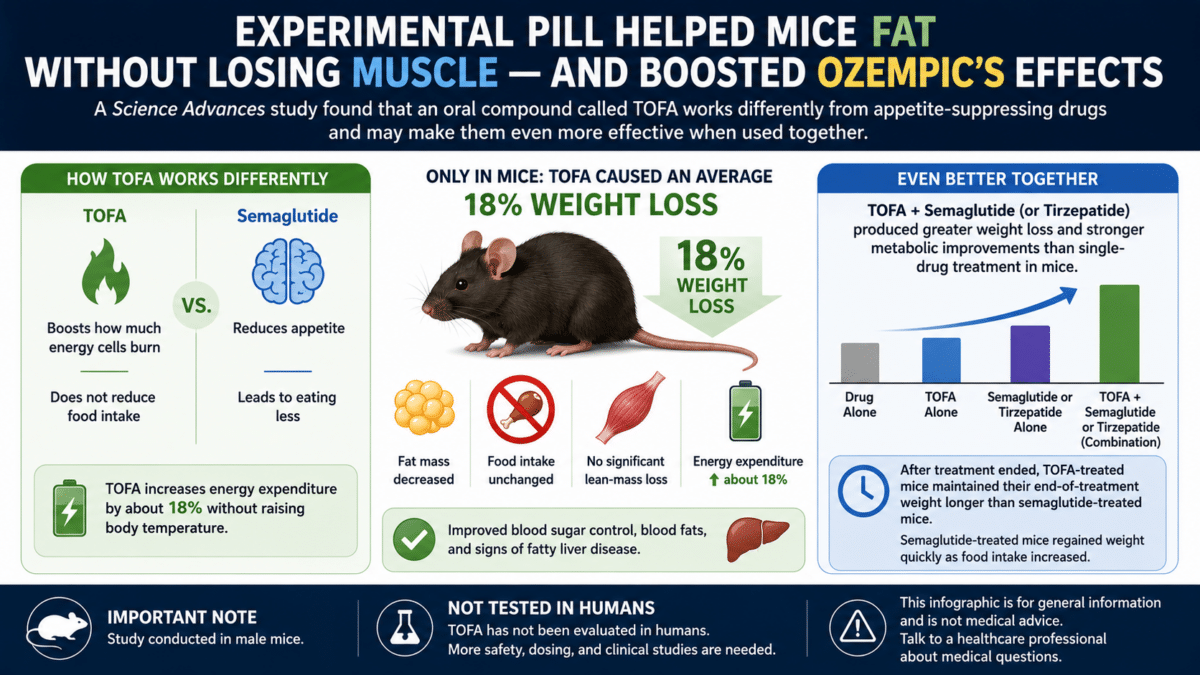 Infographic showing TOFA helped obese male mice lose fat without significant lean-mass loss and increased energy expenditure.