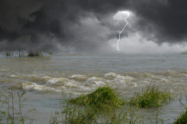 Strong tides of flood and rainy storm in monsoon season