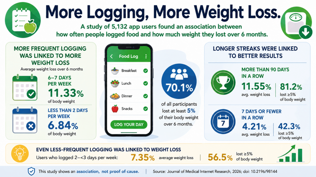 Infographic showing that more frequent food logging was associated with greater weight loss over six months.