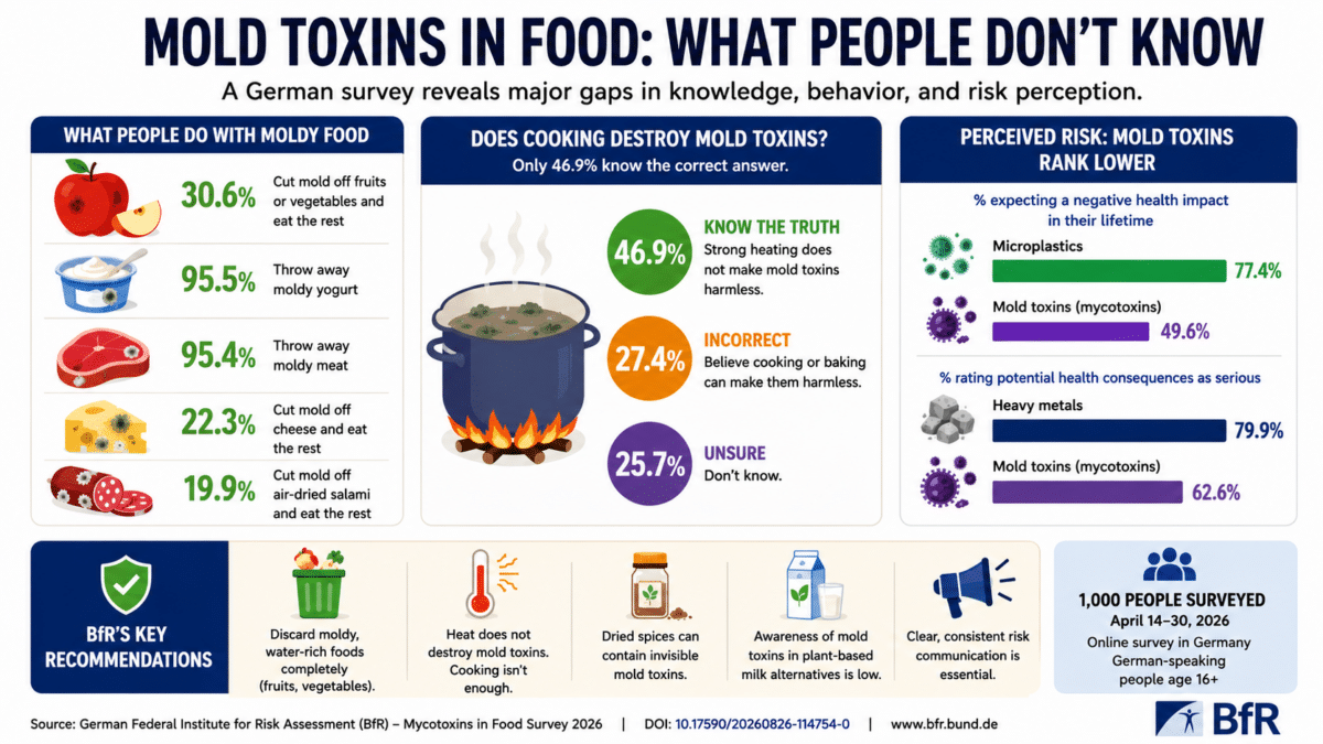Infographic showing German survey findings on mold toxins, food safety habits, cooking, and health risk perceptions.
