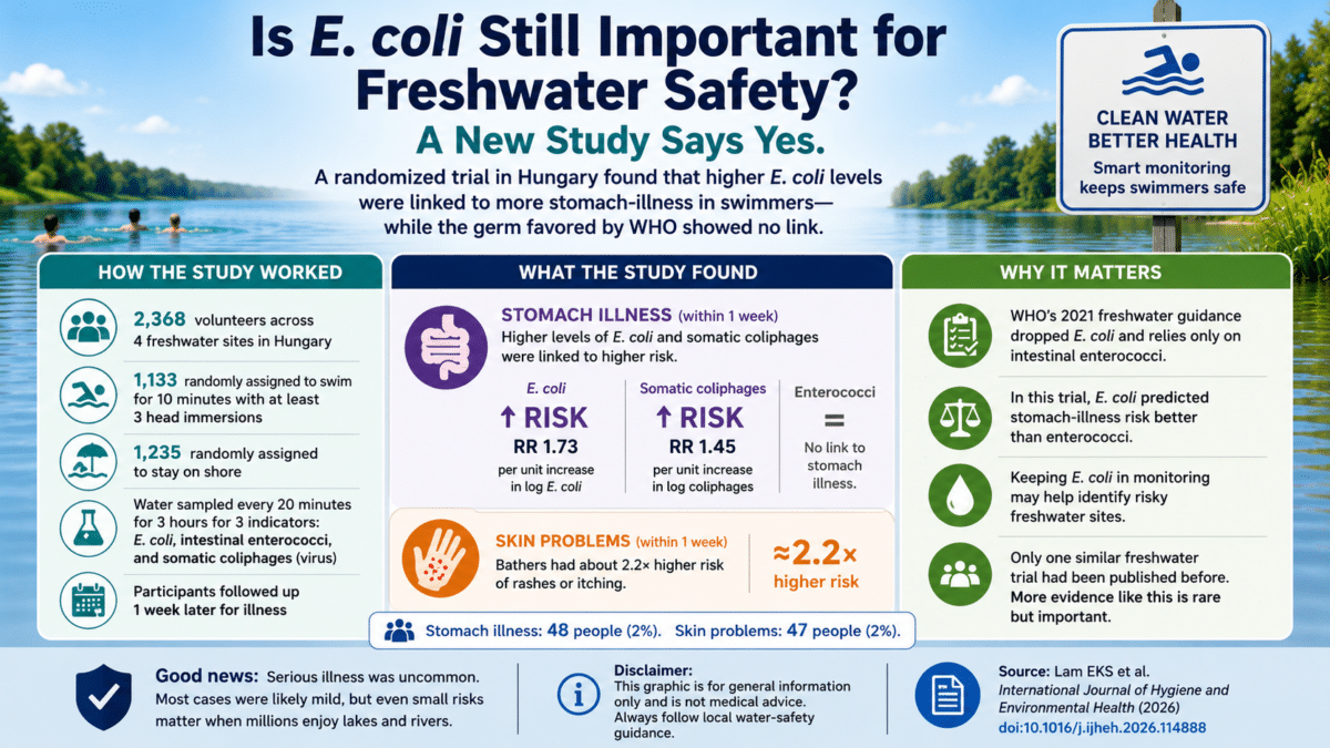 Infographic summarizing a Hungarian freshwater swimming trial linking higher E. coli levels to increased stomach illness risk.