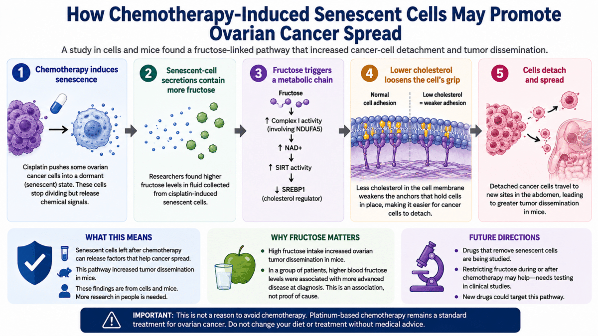 Infographic showing how chemotherapy-induced senescent cells may promote ovarian cancer spread through a fructose-driven pathway that lowers cell membrane cholesterol, weakens cell adhesion, and increases cancer-cell detachment and dissemination in cell and mouse studies.