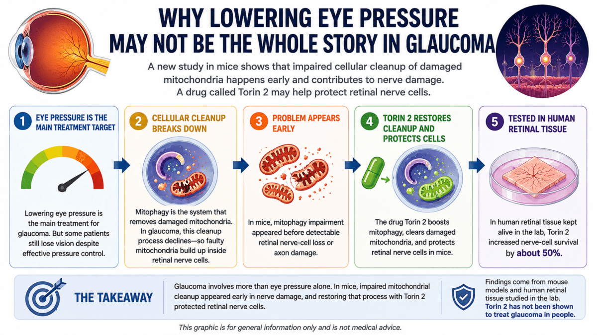 Infographic showing how impaired mitochondrial cleanup may contribute to glaucoma and how Torin 2 protected retinal nerve cells in mice.