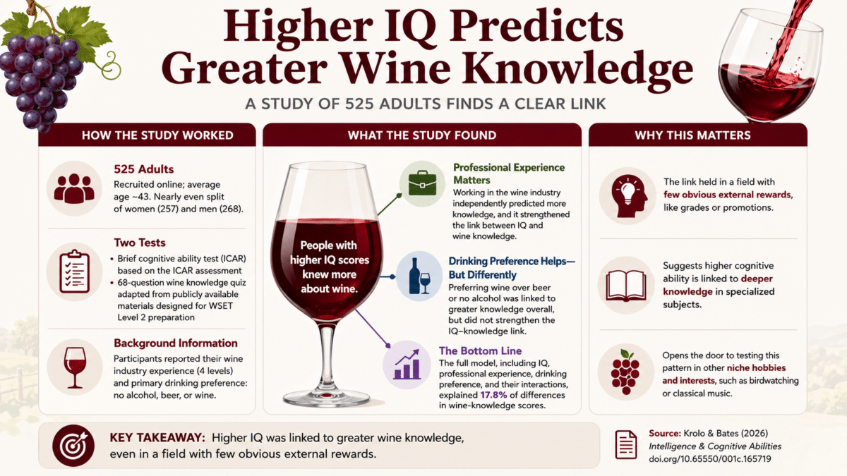 Infographic showing a study of 525 adults linking higher IQ scores with greater wine knowledge.