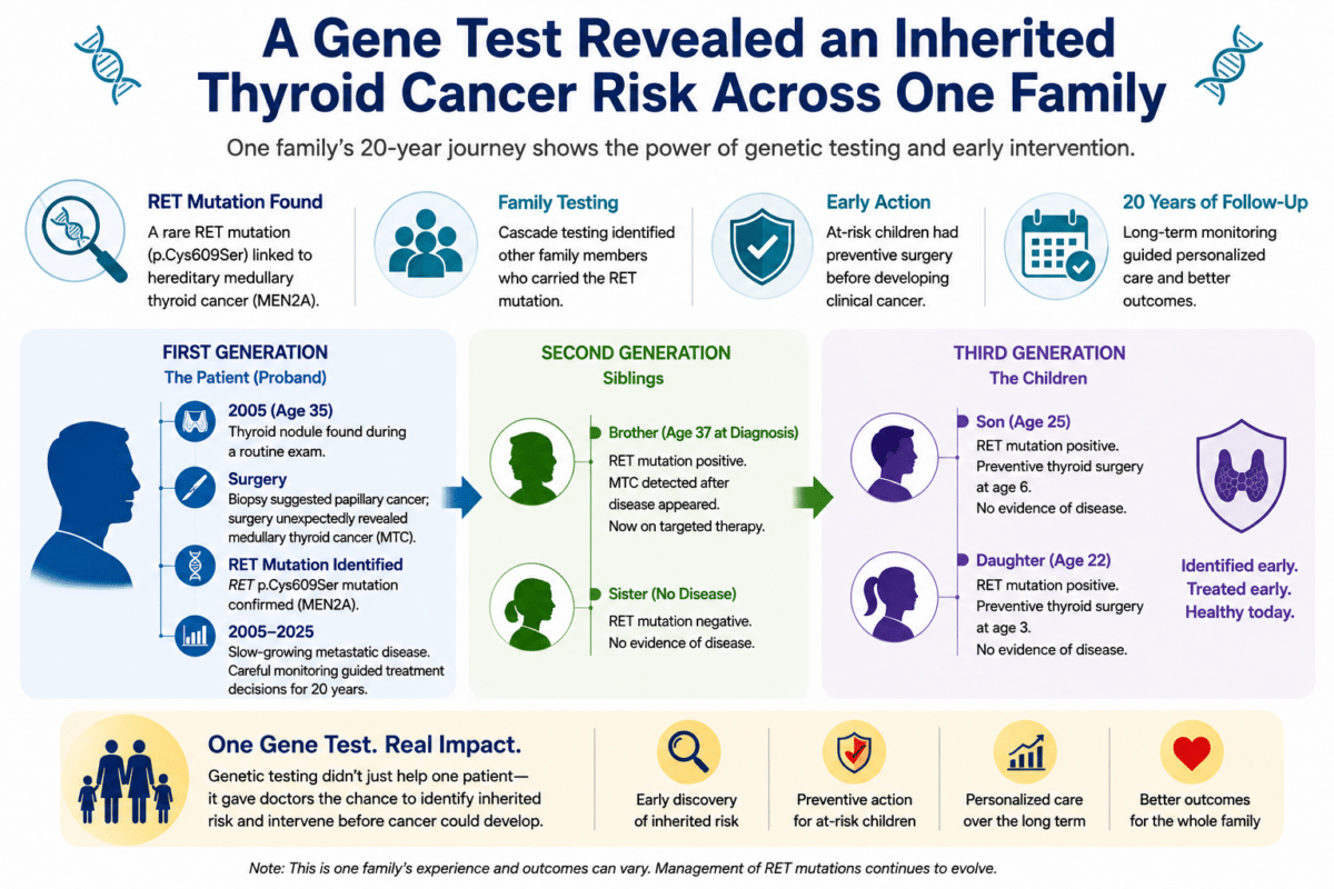 Infographic showing how RET genetic testing revealed inherited medullary thyroid cancer risk in one family and guided early intervention.