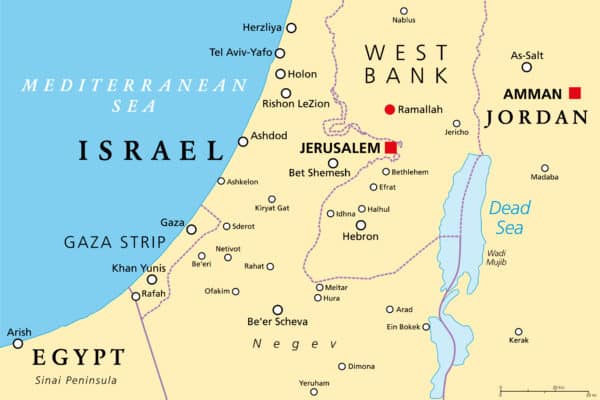 Map of Israel showing borders for Gaza and the West Bank, along with nearby major cities.