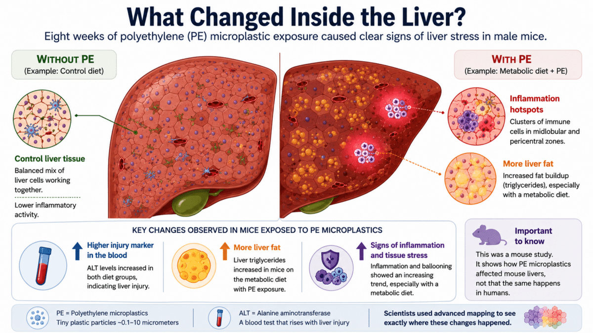 Male mouse liver infographic showing higher ALT, more liver fat, and inflammation-related tissue stress after polyethylene microplastic exposure.