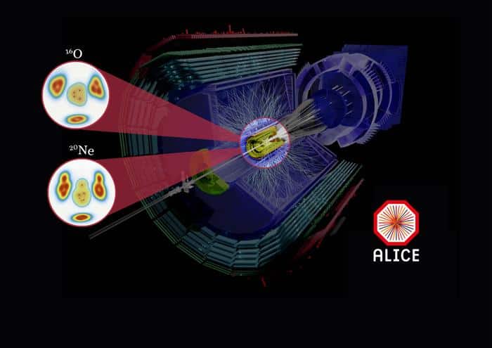 Event display of collisions between Neon-20 and Oxygen-16 at the CERN Large Hadron Collider.