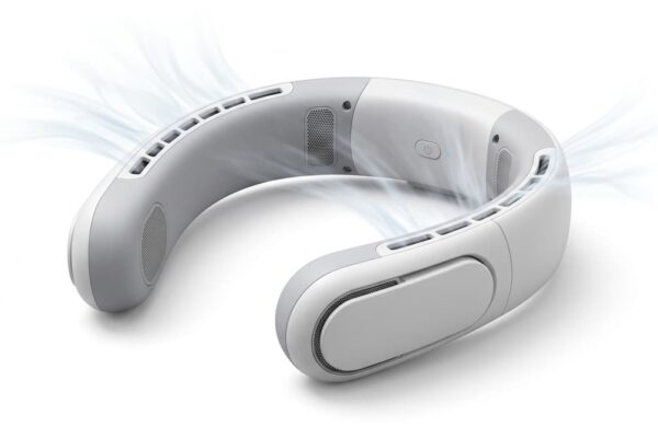 Portable neck fan with airflow visualization. Wearable cooling device for summer heat relief.