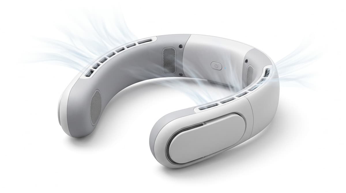 Portable neck fan with airflow visualization. Wearable cooling device for summer heat relief.