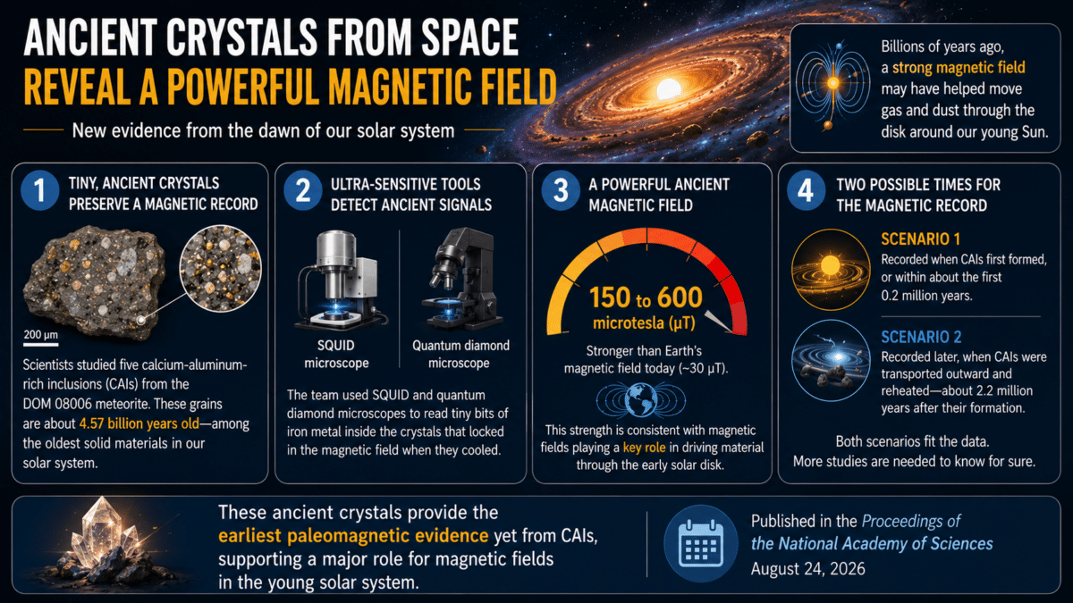 Infographic showing ancient meteorite crystals that recorded a 150 to 600 microtesla magnetic field in the early solar system.