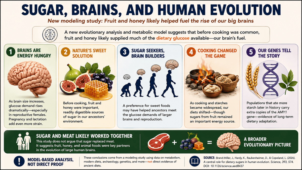 Infographic explaining how fruit and honey may have helped meet the glucose demands of larger human brains during evolution.