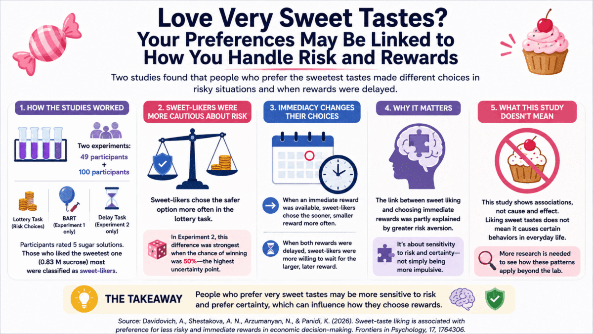 Infographic showing how a preference for very sweet tastes may be linked to greater risk caution and choices between immediate and delayed rewards.