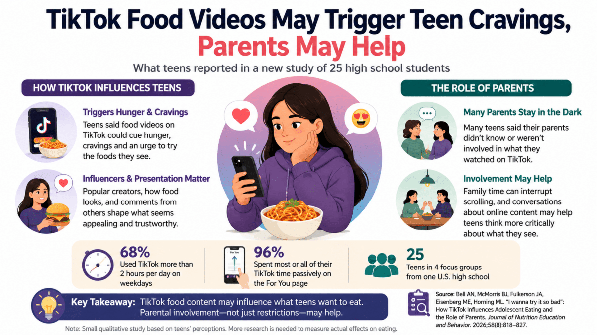 Infographic showing how TikTok food videos may trigger teen cravings and how parental involvement may help.