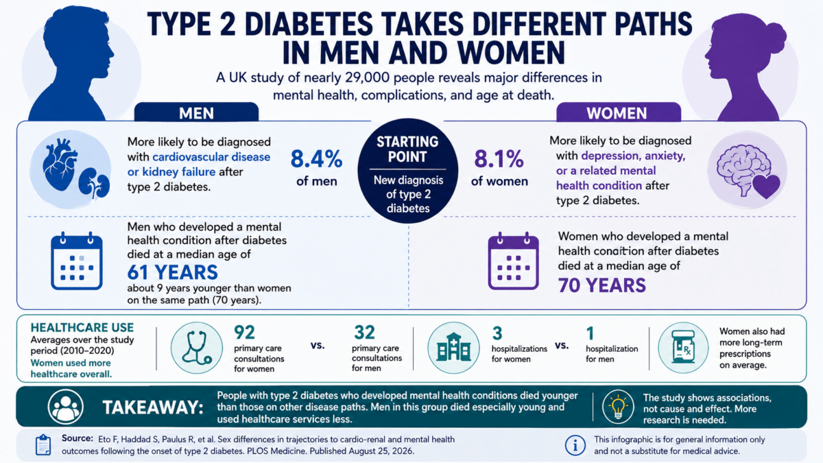 Infographic comparing type 2 diabetes outcomes in men and women, including mental health, cardiovascular and kidney complications, healthcare use, and age at death.