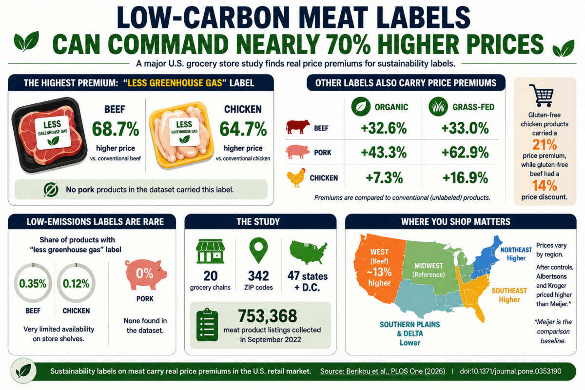 Infographic showing U.S. meat price premiums for low-carbon, organic, and grass-fed labels, with low-carbon beef up 68.7%.