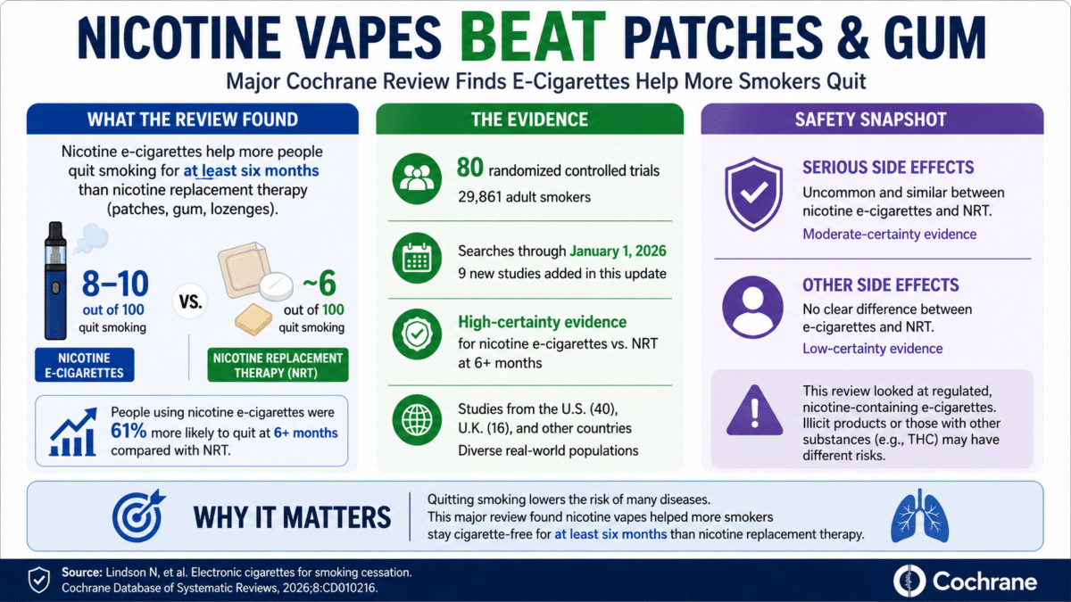 Infographic comparing nicotine e-cigarettes with nicotine replacement therapy for quitting smoking, based on a 2026 Cochrane review.
