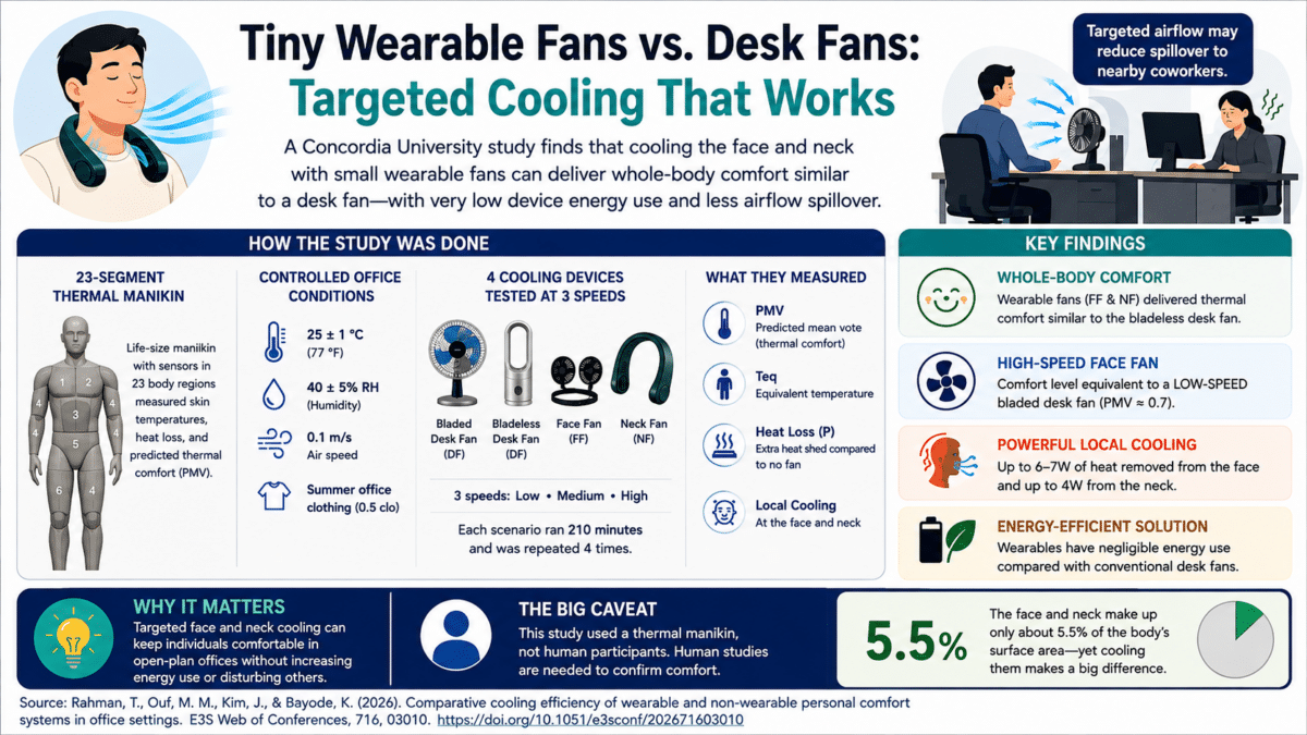 Infographic comparing wearable face and neck fans with desk fans in a controlled office cooling study.