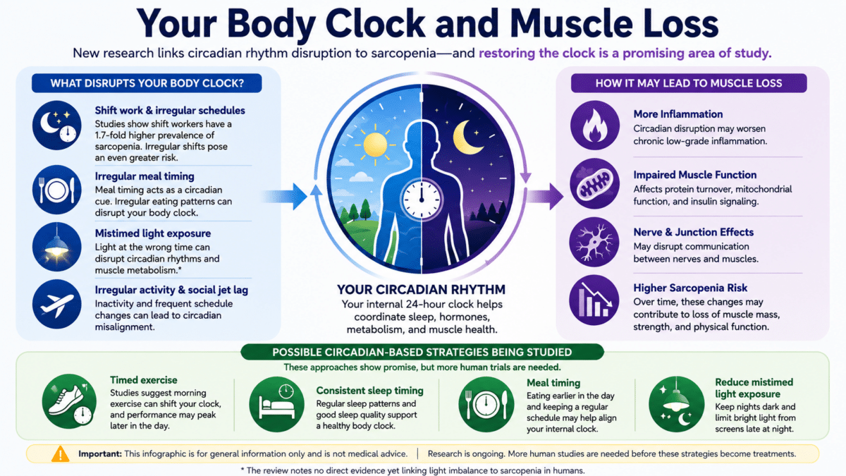 Infographic showing how circadian rhythm disruption may contribute to age-related muscle loss and sarcopenia.