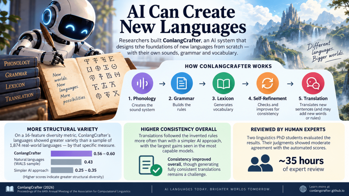 Infographic showing how ConlangCrafter uses AI to create new languages with sounds, grammar, vocabulary, refinement, and translation.