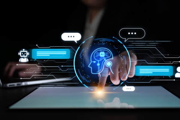 Futuristic AI assistant with autonomous agent capabilities, AI natural language understanding, and seamless business workflow AI integration. AI for modern productivity and tech solutions.