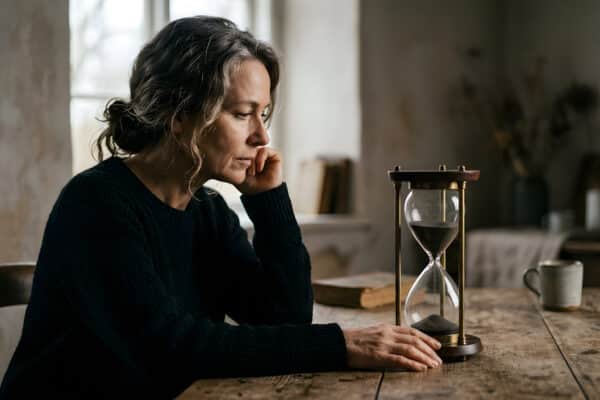 An older woman looks at an hourglass