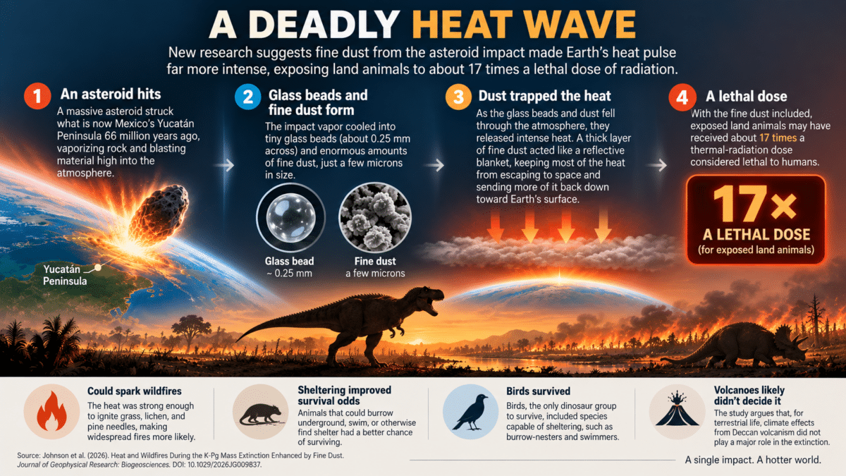 Infographic showing how Chicxulub impact dust amplified Earth’s heat pulse, exposing unsheltered land animals to about 17 times a lethal human radiation dose.