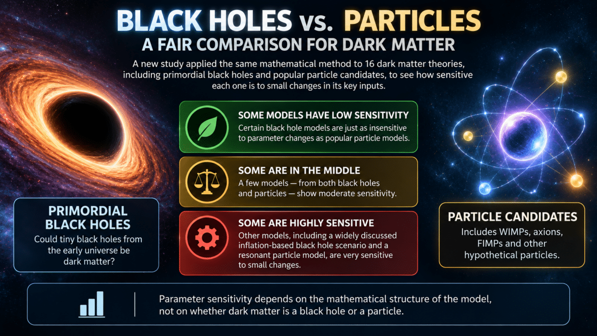 Infographic comparing parameter sensitivity in primordial black hole and particle dark matter models.