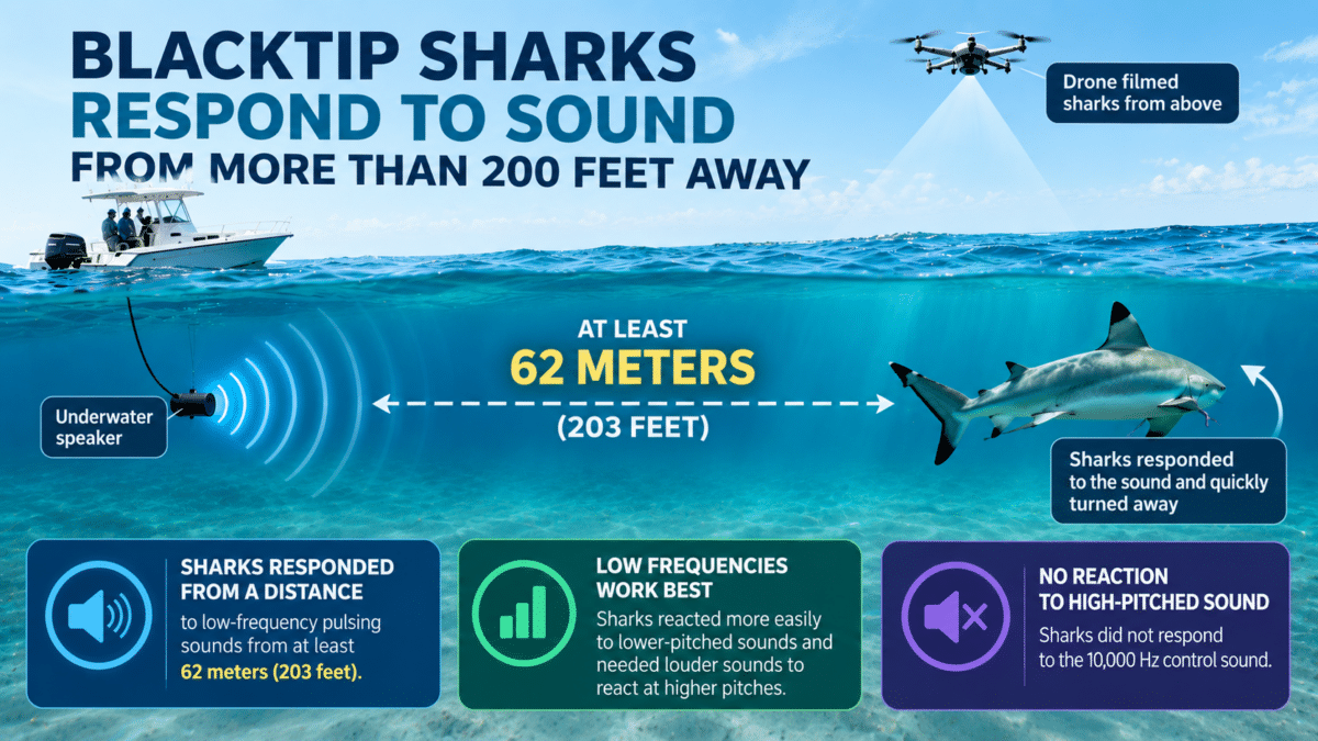 Infographic showing blacktip sharks responding to underwater sound from at least 62 meters, or 203 feet, away.