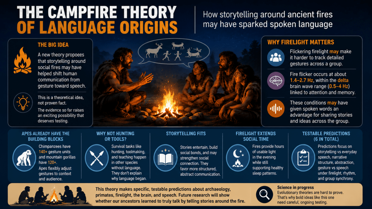 Infographic showing how fireside storytelling may have helped shift early human communication from gesture to spoken language.