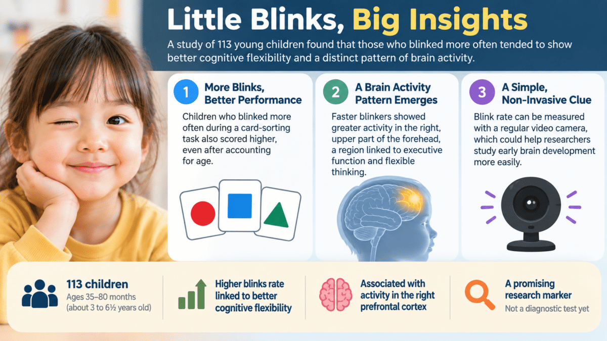 Infographic showing higher blink rates in young children linked to better cognitive flexibility and right prefrontal brain activity.