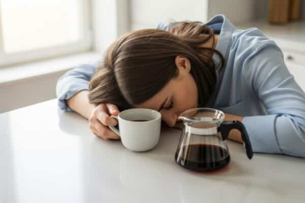 Tired young woman sleeping on kitchen table next to coffee