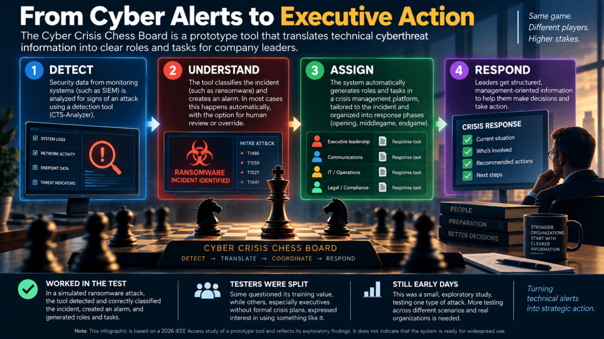 Cyber Crisis Chess Board infographic showing how ransomware alerts are translated into roles and response tasks for company leaders.