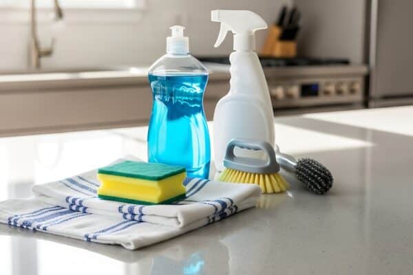 Kitchen towel with sponge and dish soap on clean counter, bright lighting, showcasing household cleaning, hygiene, and fresh organized kitchen concept