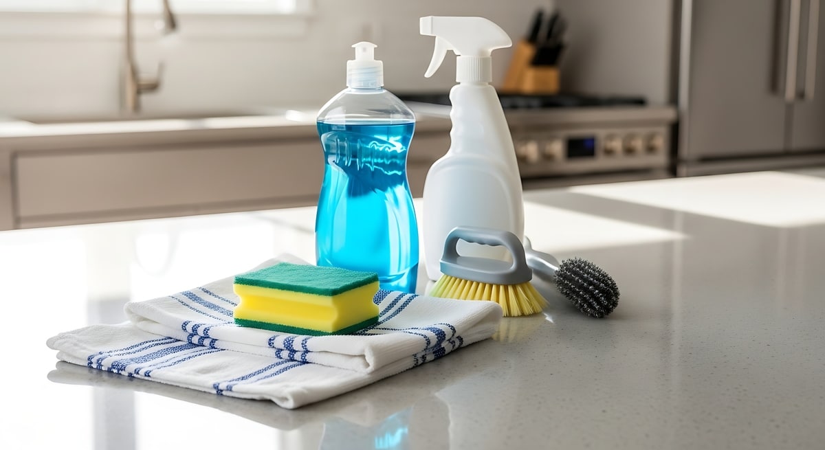 Kitchen towel with sponge and dish soap on clean counter, bright lighting, showcasing household cleaning, hygiene, and fresh organized kitchen concept.
