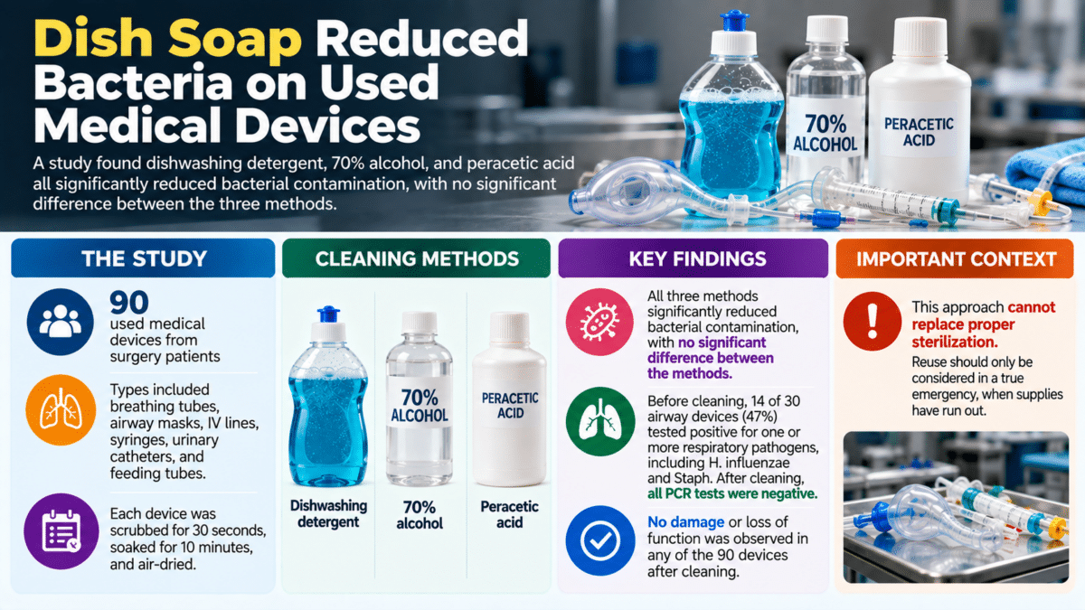 Infographic showing dish detergent, 70% alcohol, and peracetic acid significantly reduced bacteria on 90 used medical devices.