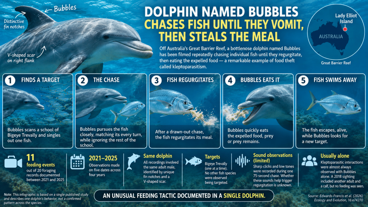 Infographic showing Bubbles the bottlenose dolphin chasing Bigeye Trevally until they regurgitate food, which the dolphin then eats.