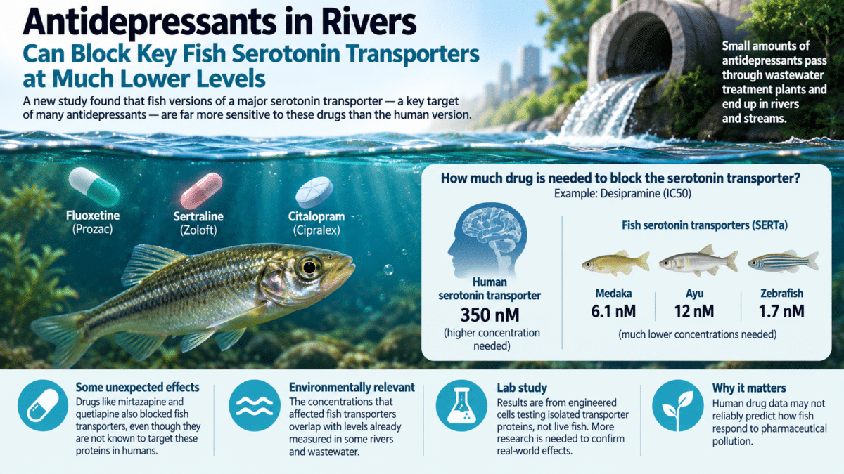 Infographic comparing antidepressant sensitivity of human and fish serotonin transporters, with fish responding at much lower concentrations.