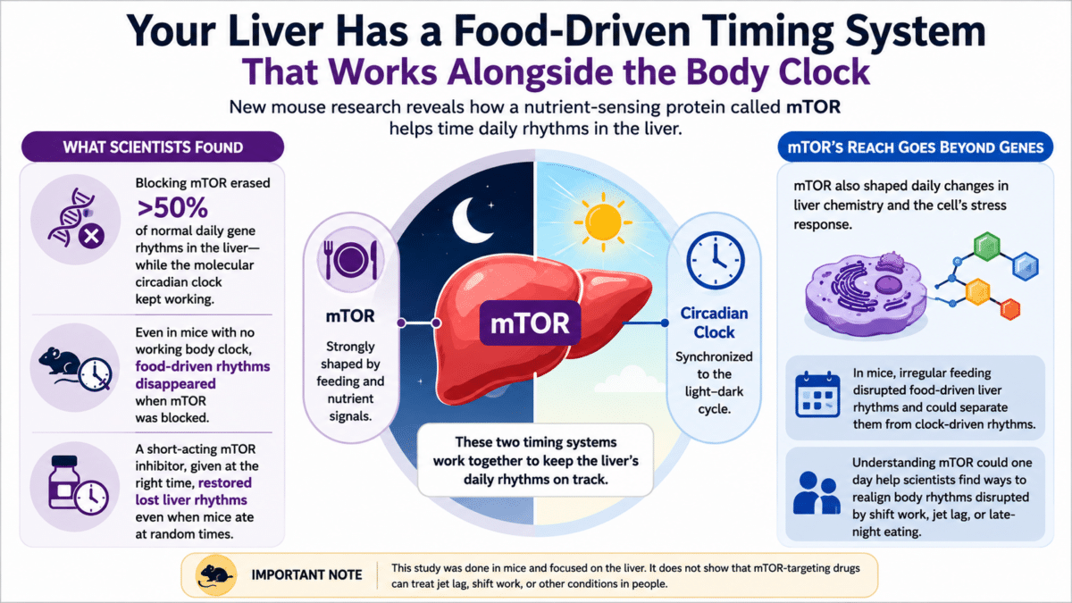 Infographic showing how food-sensitive mTOR signaling works alongside the circadian clock to regulate daily liver rhythms in mice.
