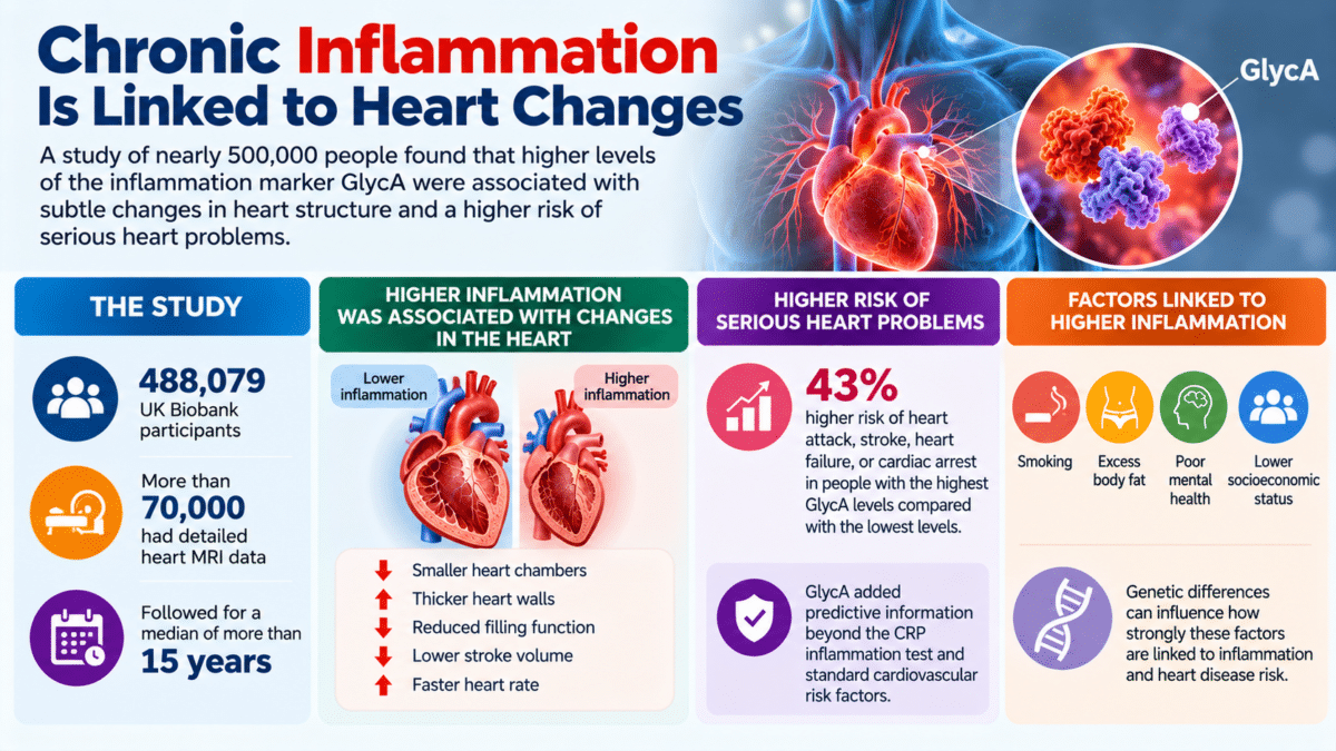 Infographic linking higher GlycA inflammation levels with changes in heart structure and a higher risk of serious cardiovascular events.